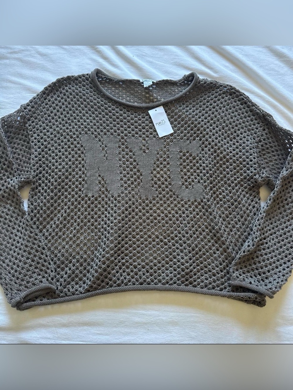 rue21 Taupe Open-Knit 'NYC' Pullover